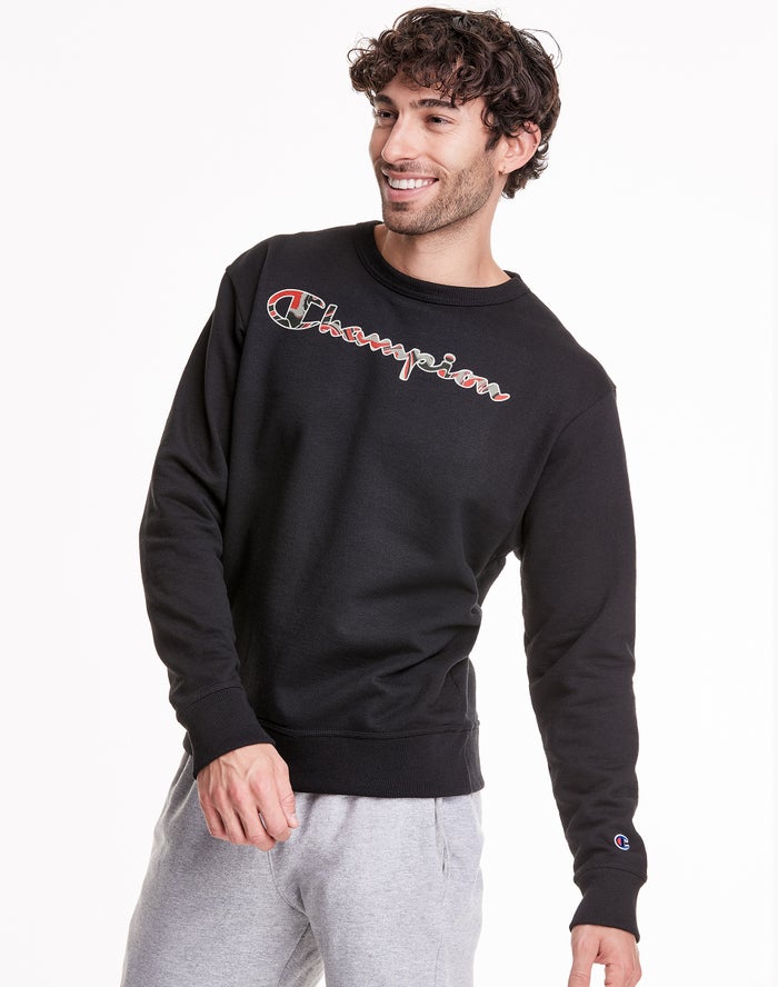 Champion Herre Sweatshirt Sort - Powerblend Fleece Crew Liquid Filled Script logo - Danmark VOZ-0651